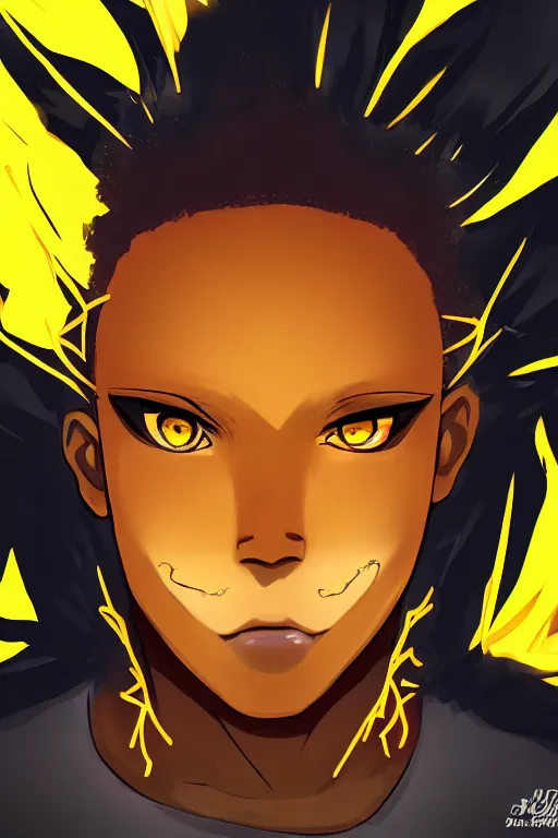 Image similar to glowing black male anime character, golden hair, yellow eyes, symmetrical, highly detailed, digital art, sharp focus, trending on art station, crazy hair, electricity superpowers, anime art style