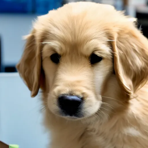 Prompt: golden retriever puppy working in an office, in the style of the office, dwight schrute, tv sitcom camera style,