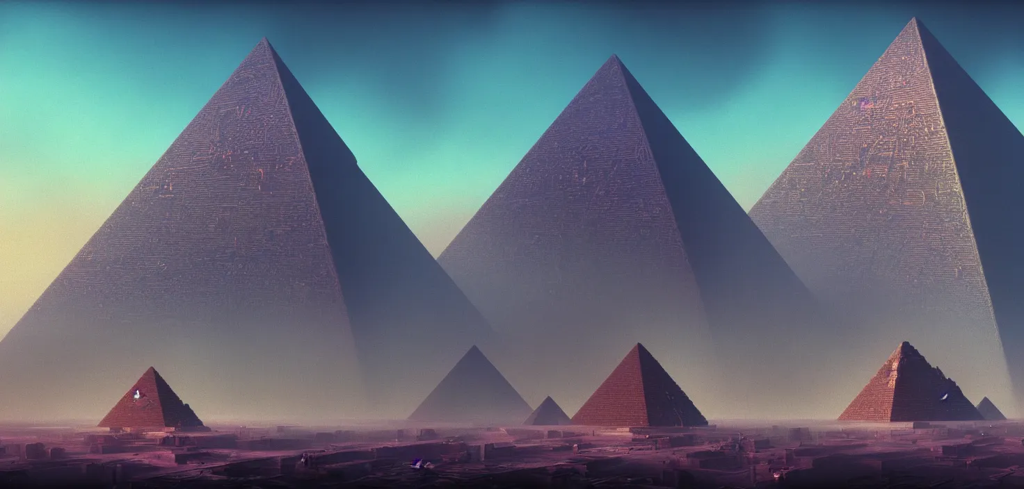 Image similar to cyberpunk egiptian pyramid overview, Zdzisław Beksiński color scheme, featured in artstation, octane render, cinematic, elegant, intricate, 8k