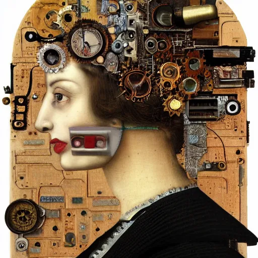 Prompt: profile portrait of a woman, computer parts, mechanical parts, by giuseppe arcimboldo, steampunk, cyberpunk.
