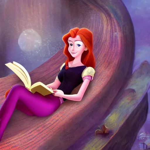 Prompt: young woman with red hair reading a book in a still from disney's tangled. beautiful animation character art, high quality, detailed face