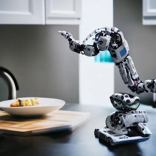 Prompt: a robotic arm on a table in a kitchen, professional photo