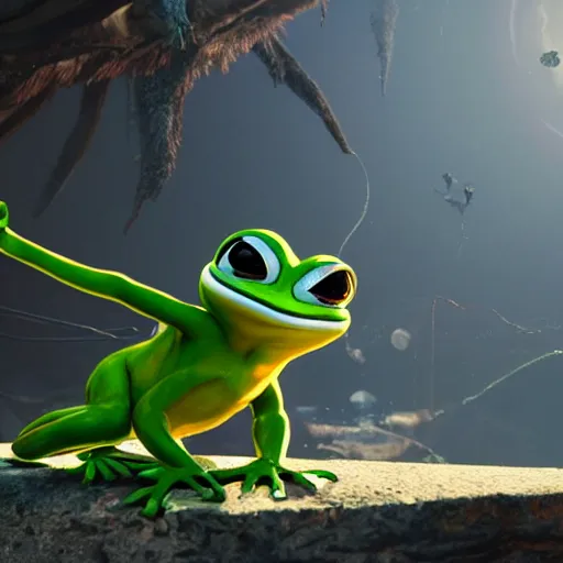 Prompt: a hyperrealistic scifi poster of pepe in a dynamic pose, 8 k, cryengine, realistic, rendered, full subject in frame, at a distance