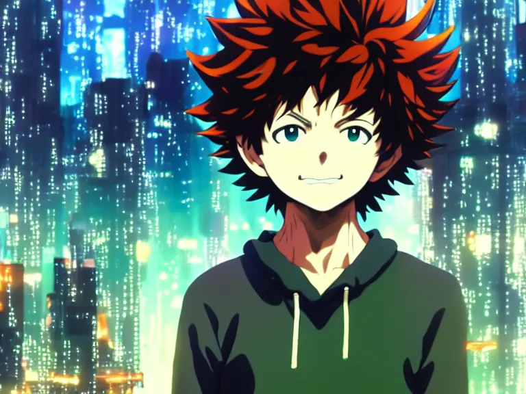 Prompt: anime fine details portrait of joyful Deku in front of cyberpunk moder city landscape on the background deep bokeh, close-up view, anime masterpiece by Studio Ghibli. 8k, sharp high quality anime, artstation