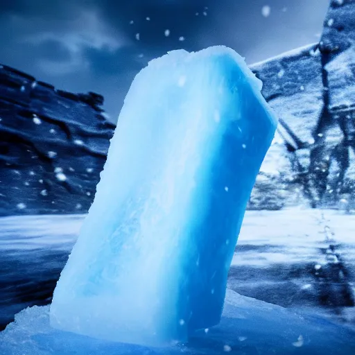 Prompt: large cloudy ice block with blue person inside on snow in game of thrones, 4 k, epic, cinematic, focus, movie still, fantasy, extreme detail, atmospheric, dark colour, sharp focus