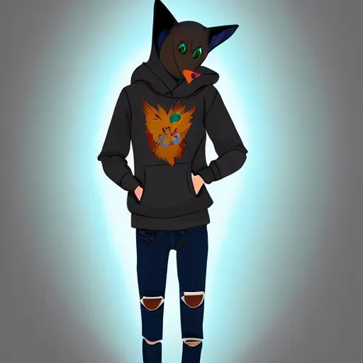 Prompt: humanoid furry! anthro avian!!! fursona, bird!!! digital art! trending on artstation! subject wearing hoodie and jeans!!