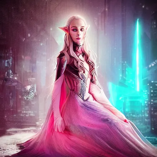 Image similar to “photo portrait the most elvish girl in the world. I can’t believe how she’s beautiful. She is in gorgeous haut couture dresses. Cyberpunk. Synthwave. 8K. In Amazing cosplay. Hyperdatailed national geographic”