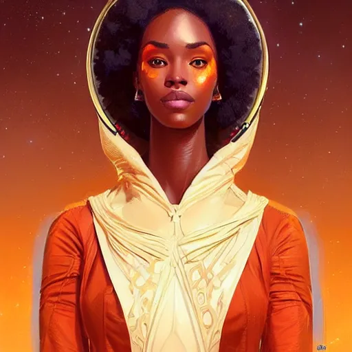 Image similar to portrait of very very very very very very beautiful african woman, spacesuit, orange eyes, intricate, elegant, highly detailed, digital painting, artstation, concept art, smooth, sharp focus, illustration, art by artgerm and greg rutkowski and alphonse mucha