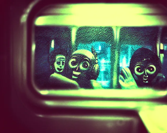 Image similar to a lomography photo of rumble between two chthonic aliens in soviet train this morning, bokeh,