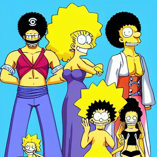 Prompt: marge simpson and her new family from one piece drawn by kentaro miura