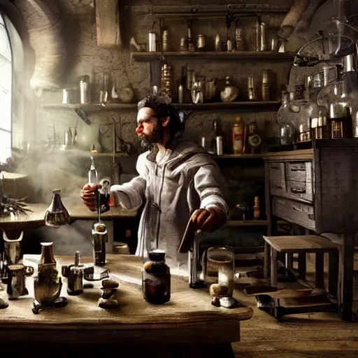 Prompt: An alchemist sitting in his workshop creating potions and formulas, style of Daniel Martin Diaz