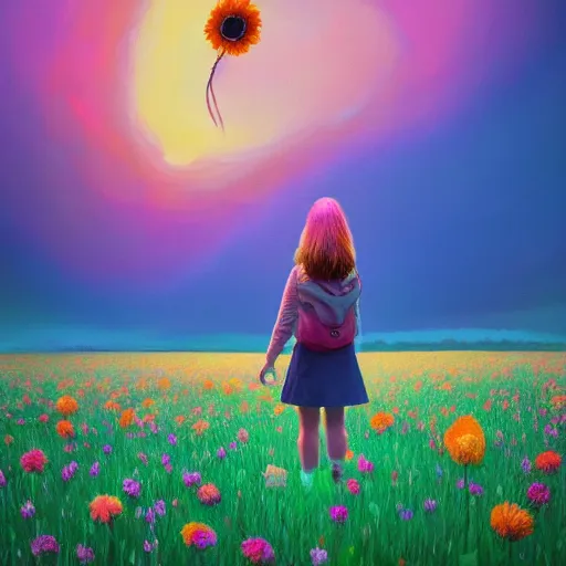 Image similar to girl with a enlarged up flower as a face, surreal photography, dream, standing in flower field, hills, big trees, sunrise dramatic light, impressionist painting, colorful clouds, digital painting, pointillism, artstation, simon stalenhag, flower face