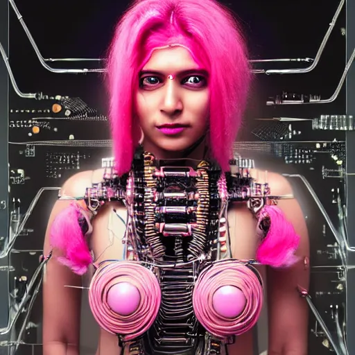 Prompt: portrait of a indian woman with pink hair as a cyberpunk cyborg half robot, revealing wires and electronics, circuit boards, wire management, sci - fi, missing panels, intricate abstract upper body intricate artwork, concept art, octane render, deviantart, cinematic, key art, hyperrealism, iridescent accents, portrait photograph, nikon 3 5 mm, photograph by greg rutkowski