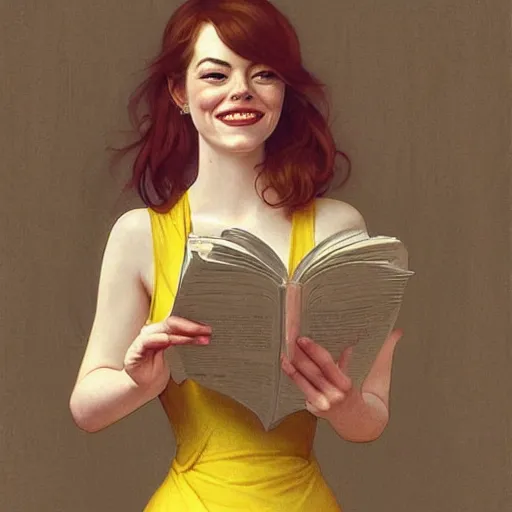 Image similar to a smiling emma stone wearing a yellow dress and reading a book, masterpiece, intricate, elegant, highly detailed, digital painting, artstation, concept art, smooth, sharp focus, illustration, art by artgerm and greg rutkowski and alphonse mucha and uang guangjian and gil elvgren and sachin teng, symmetry!!