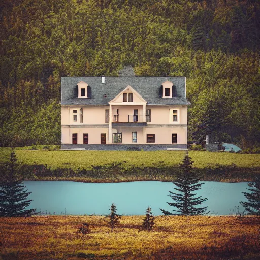 Image similar to wes anderson style future house near the lake and forest, cinematic, realism, photo, detailed