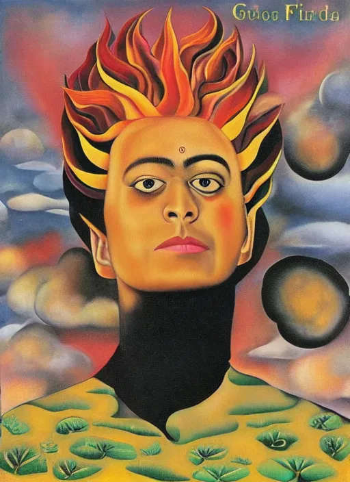 Prompt: 8 0 s new age album cover depicting a mushroom cloud in the shape of guy fieri, very peaceful mood, oil on canvas by frida kahlo