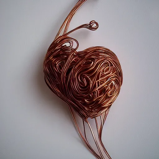 Prompt: a very beautiful tiny ( human heart )!!!!!!!!!!!!!!!!!!!!!!!!! organic sculpture made of copper wire and threaded pipes, very intricate, curved. studio lighting, high resolution, high quality, black background