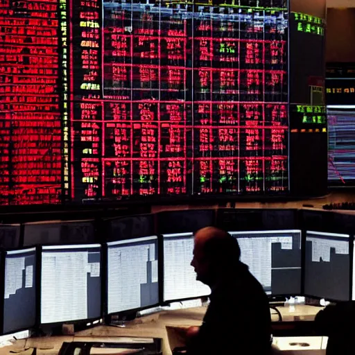 Image similar to stock market crash, traders panicking, red screens, wall st trading floor, black monday crash 1 9 8 7, cinematic lighting, epic composition