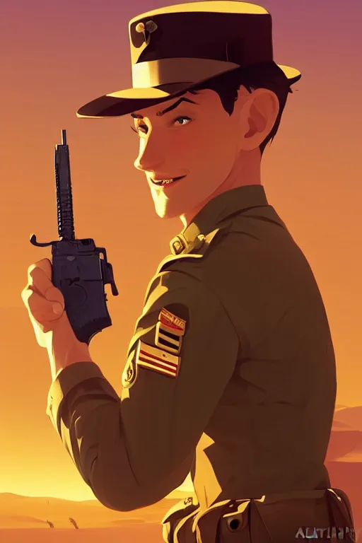 Image similar to funny drunk soldier with revolver in his hand in the desert, smooth face, centered median photoshop filter cutout vector behance hd by artgerm, jesper ejsing, by rhads, makoto shinkai and lois van baarle, ilya kuvshinov, rossdraws, illustration, art by ilya kuvshinov and gustav klimt