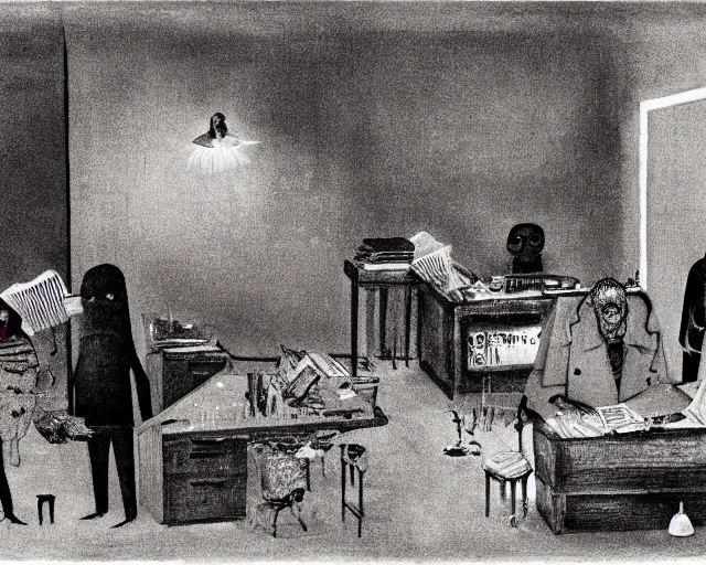 Image similar to the horror of beaurocracy, papers, horror, desks, office, waiting, stress, frustration, anger, crowded, harsh cinematic lighting, high qulity, 4 k, by charles addams and hilma af klint and affandi