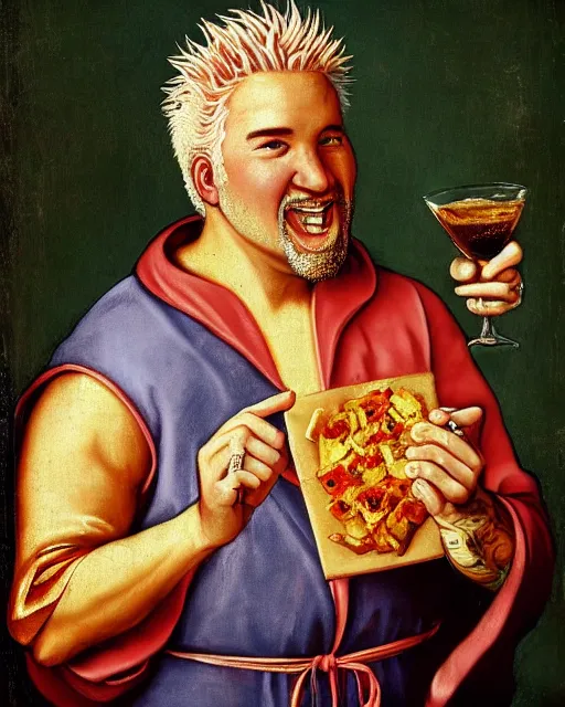 Image similar to a renaissance painting of saint guy fieri, patron saint of flavor