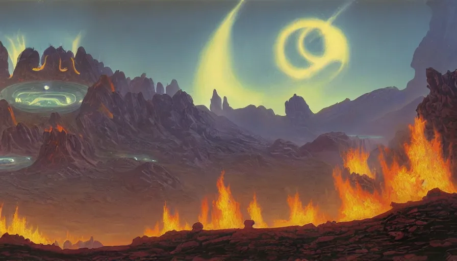 Prompt: landscape painting of Hellfire Peninsula from World of Warcraft, art by chesley bonestell
