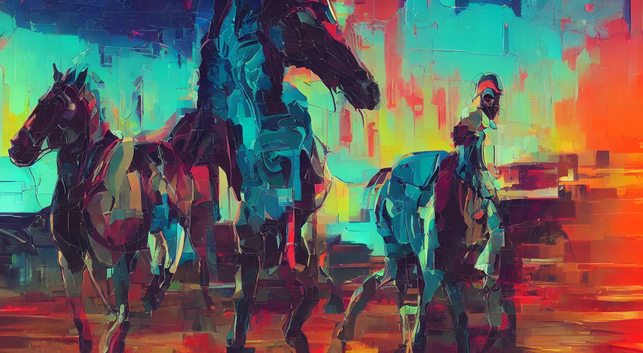 Image similar to a graph style gauche impasto, the horse is not mine, cyberpunk art by james gilleard, city depth of field, cgsociety, retrofuturism, synthwave, retrowave, outrun, realistic.