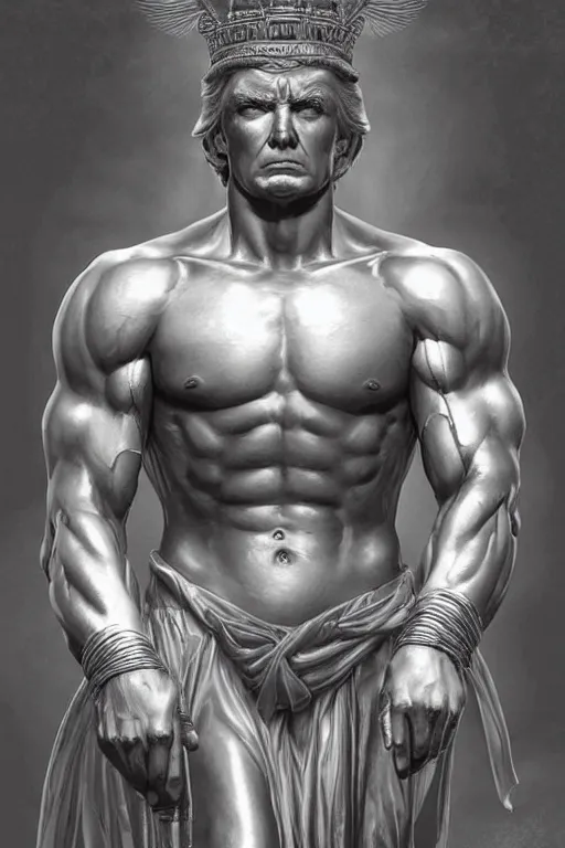 Image similar to President Donald J Trump as a Greek god, detailed face, gorgeous, amazing, muscular, fit, very muscular male body, Caesar victorious, proud Emperor , intricate, highly detailed, digital painting, artstation, concept art, sharp focus, illustration, art by greg rutkowski and alphonse mucha
