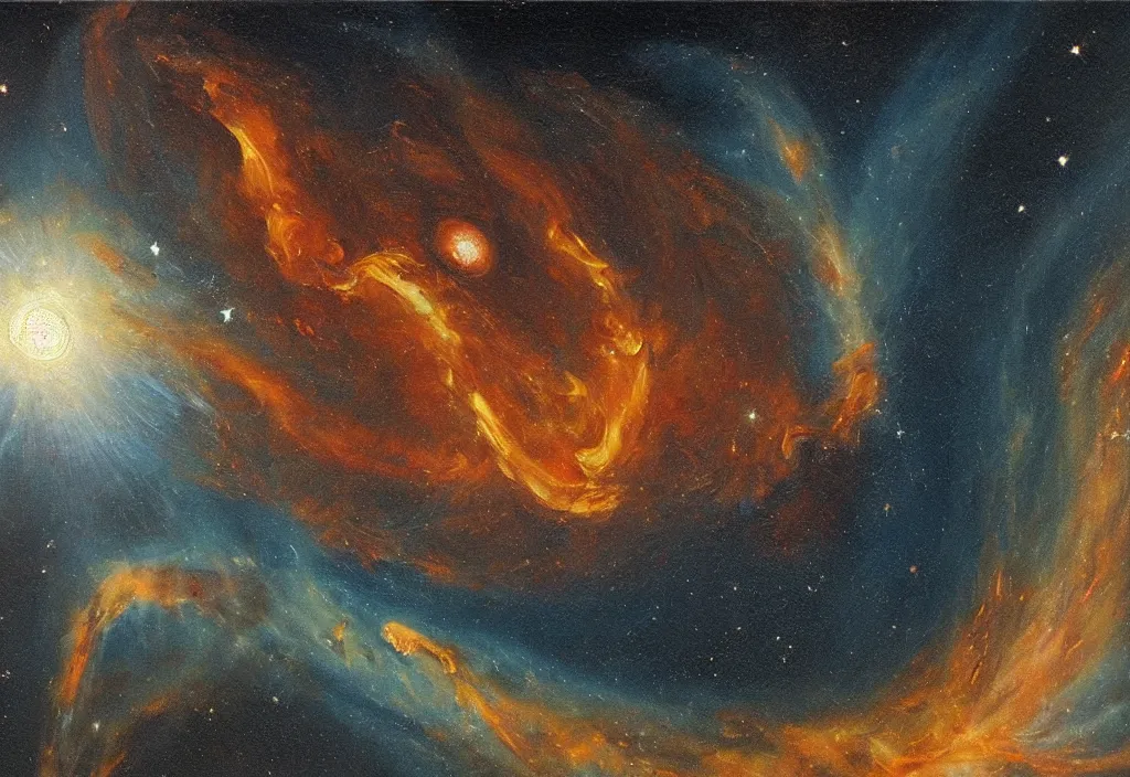 Image similar to beautiful oil painting of a nebula creating planets in the style of Caravaggio