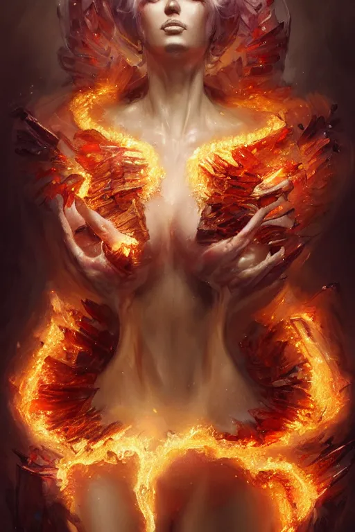 Image similar to torso closeup model wearing exploding fire crystal dress, sorcerer, diamonds, angel, fantasy, dramatic lighting, highly detailed, digital painting, holding electricity, magic the gathering, hyper detailed, 3 d render, hyper realistic detailed portrait, peter mohrbacher, wlop, ruan jia