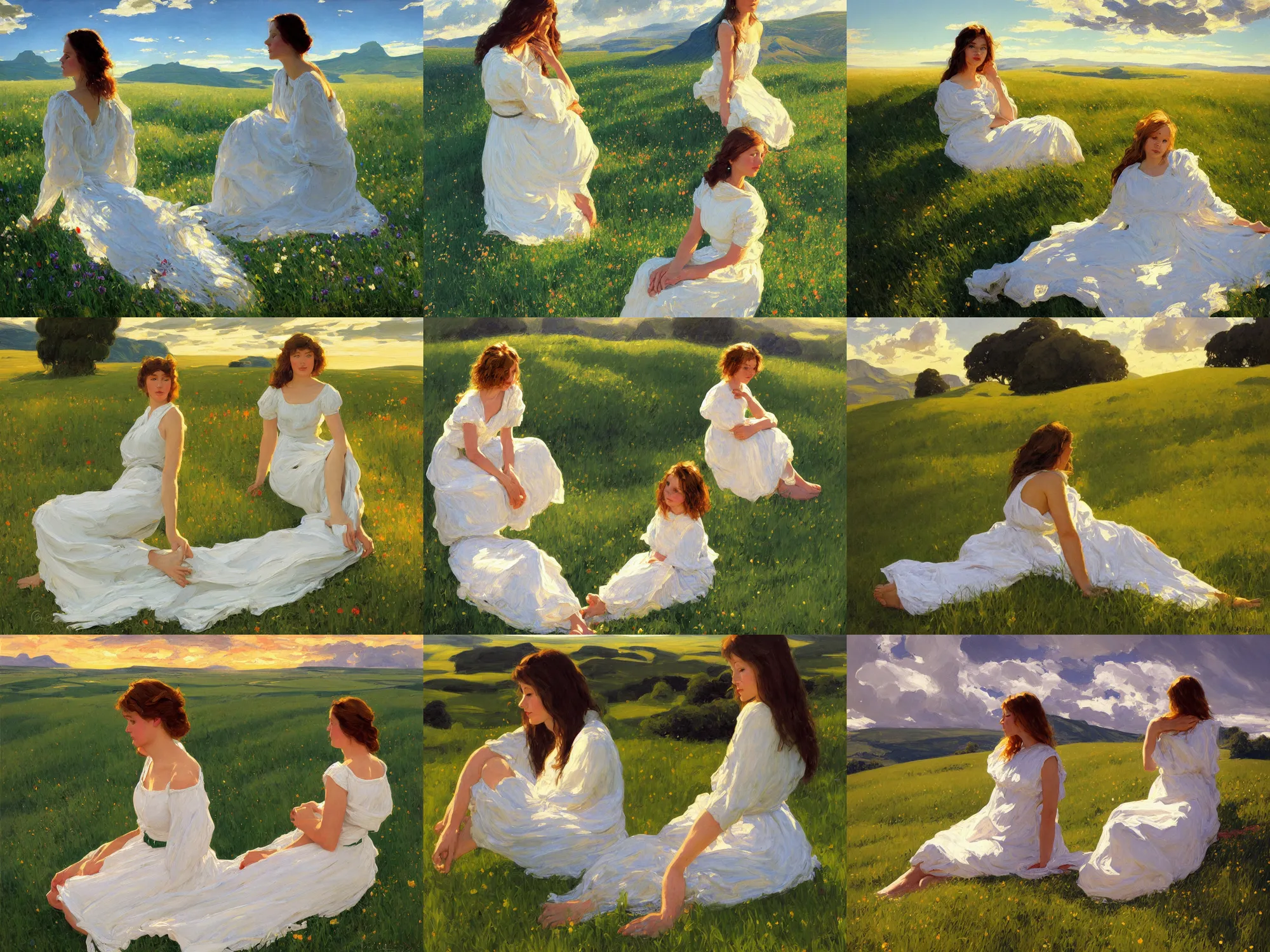 Prompt: sitting girl in white dresses between clouds above green fields in sunset light, portrait, elegant, intricate, digital painting, artstation, concept art, smooth, sharp focus, illustration, art by ed mell and Daniel F. Gerhartz and Jacek Malczewski and gustav klimt