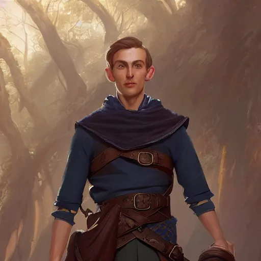 Image similar to 8k a young curious handsome male wood elf scholarly adventurer wearing a navy blue student's tunic carrying a satchel of arcane supplies, by Raymond Swanland Greg Rutkowski Lise Deharm, intricate, masterpiece, sharp, digital art, ArtStation, CGStation, 4k