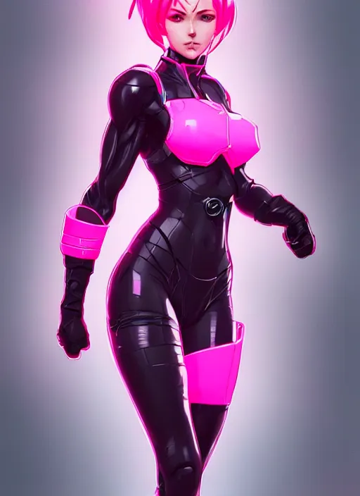 Image similar to female boss, wide angle view, neon pink and black color scheme, highly detailed, artgerm, cushart krenz, metal gear solid style, trending on artstation, soft light, sharp focus, illustration, character design, concept art