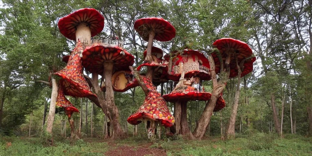 Prompt: treehouse made from an enormous amantia muscaria mushroom