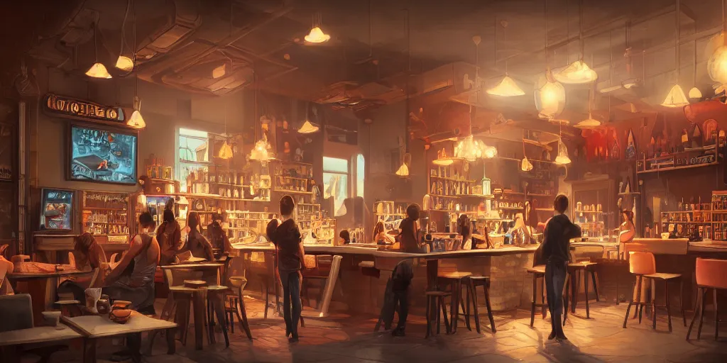 Prompt: an intricate concept art illustration of a coffee shop,, cinematic light, colorful, octane render by ivan talavera and artgerm 8 k