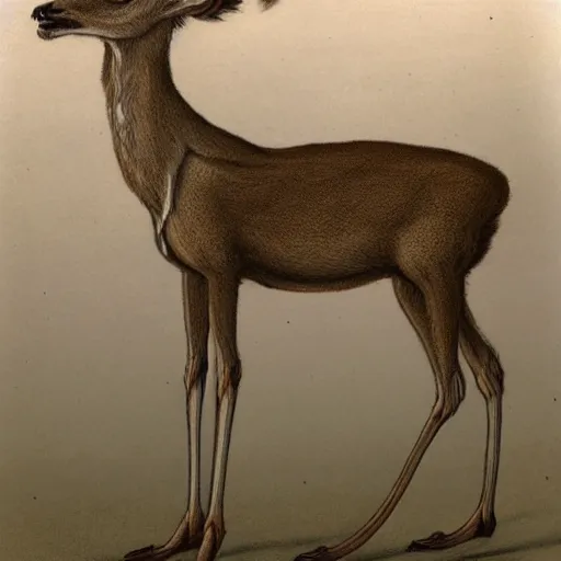 Image similar to a slender bipedal creature with a deer skull for a head and antlers