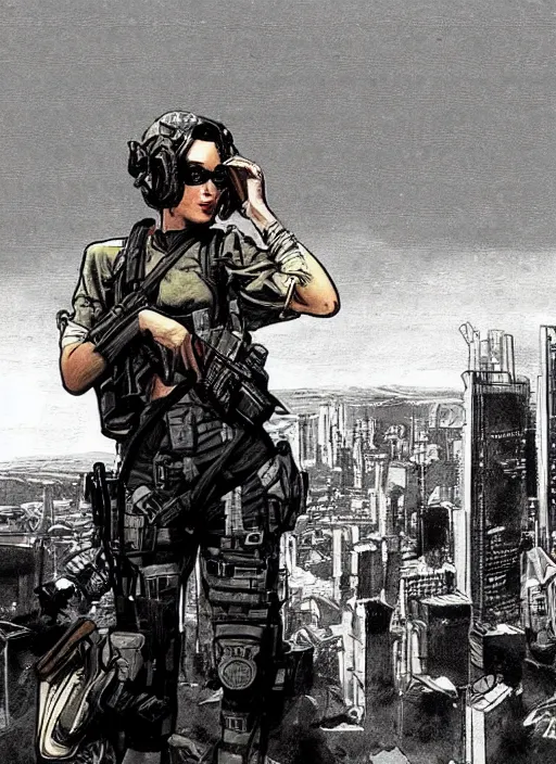 Prompt: Dinah. USN special forces operator looking at city skyline. Futuristic gear. mgs and rb6s Concept art by James Gurney and Alphonso Mucha.