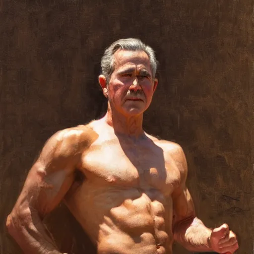 Image similar to detailed realistic cinematic wide shot of beautiful attractive muscular george bush wearing black gold robe slim face symettrical face clean skin black eyes black robe smooth, sharp focus, ultra realistic, spring light, painting by gaston bussiere, craig mullins, j. c. leyendecker