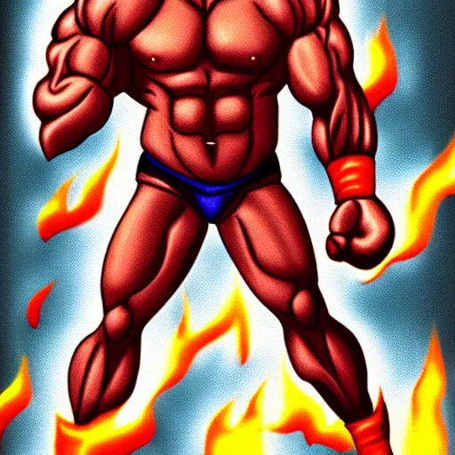 Image similar to full body portrait. 1 6 bit sega graphics. antropomorphic muscular masculine wolf, kickboxer fighter, in shorts, in front of burning street. wolf head. furr on body. at night. 1 9 8 9