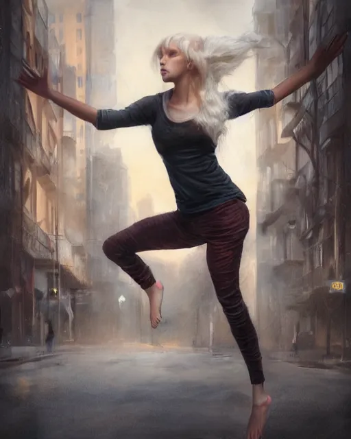 Prompt: an action realistic fine art painting of a early twenties female parkouring in the city with flowing blonde hair, inspired by Tom Bagshaw and David Stoupakis, studio portrait, muted colors, detailed hair, cinematic lighting, trending on artstation, 4K