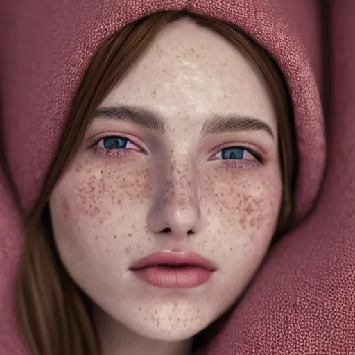 Prompt: portrait of a cute thin young woman, red blush, cute freckles wearing casual clothes, small smile, relaxing on a couch, cozy under a blanket, cozy living room, close up shot, 8 k, art by diego fazio and irakli nadar, hyperrealism, hyperdetailed, ultra realistic