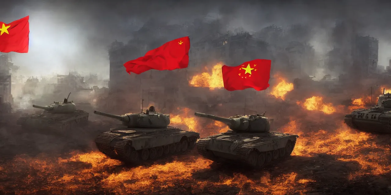 Image similar to tanks burning city, army, china, winnie the pooh, communist flag, volumetric lighting, unreal engine, realistic