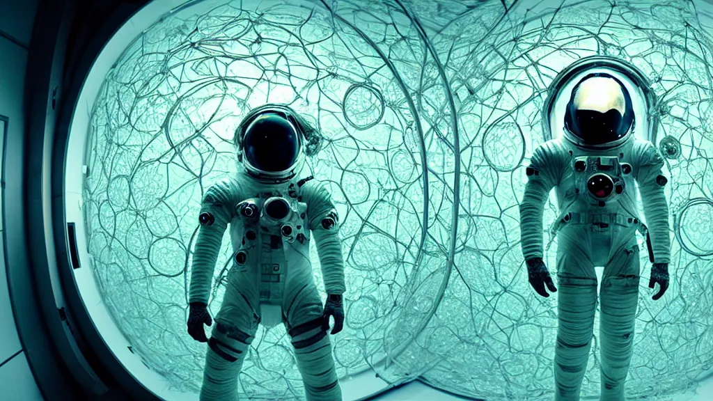 Image similar to a cybernetic symbiosis of a single astronaut eva suit swimming in infected with diamond 3d fractal lace iridescent bubble 3d skin covered with insectoid compound eye camera lenses floats through the living room, film still from the movie directed by Denis Villeneuve with art direction by Salvador Dalí, wide lens,