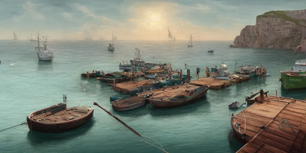 Image similar to wood dock, green car on dock, big fishing boat next to the dock with waving sailors. low angle, sunrise, a mediterranean phoenician fishing village in the distance, chalk cliffs above, highly detailed, digital painting, artstation, concept art, sharp focus, illustration, art by artgerm and raphael lacoste and magali villeneuve