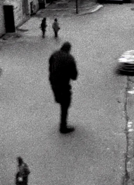 Prompt: disturbing security cam footage of a human monster walking on the street horror practical fx by david cronenberg