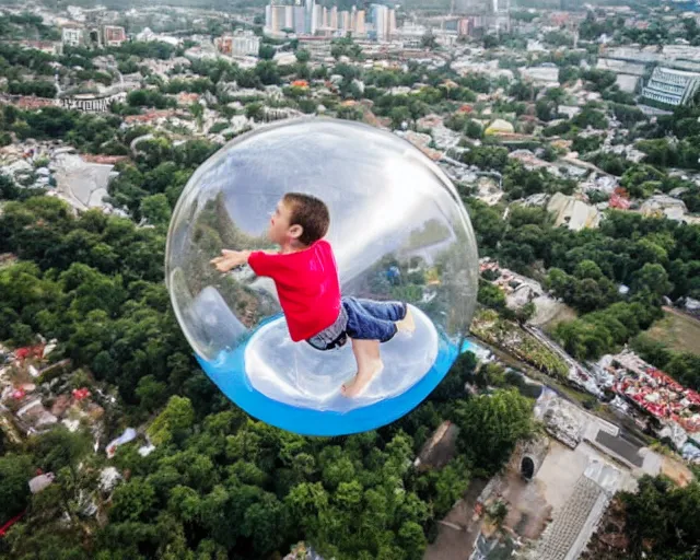 Image similar to boy floating gently down from the sky in a plastic wrapped bubble. aerial footage.