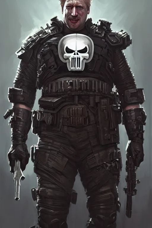 Image similar to Boris Johnson as Punisher, armor plate, realistic portrait, symmetrical, highly detailed, digital painting, artstation, concept art, smooth, sharp focus, illustration, cinematic lighting, art by artgerm and greg rutkowski and alphonse mucha