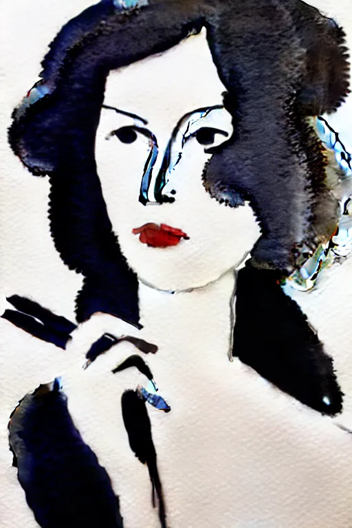 Image similar to beautiful face woman, grey, colorless and silent, watercolor portrait by David downton