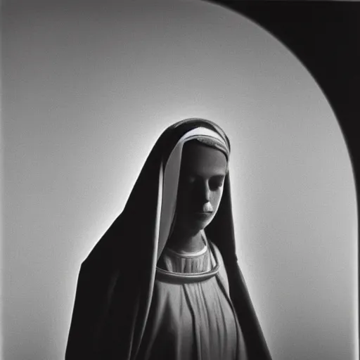 Image similar to The virgin Mary. Close-up studio portrait by Robert Mapplethorpe. Tri-x.