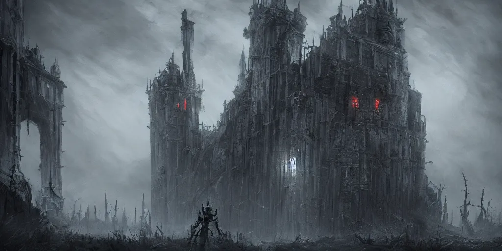 Image similar to grimdark fantasy fortress, terrifying, looming, dark, fog, dark souls, soulborne, artstation